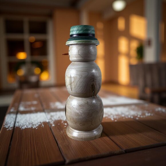 Hand-Turned Ash Wood Snowman, Signed RKU, Lathe Art Holiday Decor Natural Rustic - Picture 3 of 5